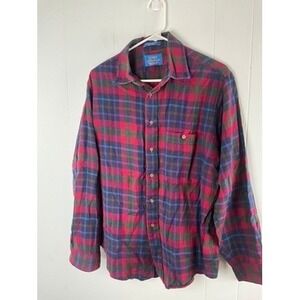 LOBO by Pendleton Mens L Plaid Flannel Shirt Red Blue Wool Blend Made in USA